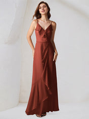 Rust Chiffon A Line Spaghetti Straps Sleeveless Floor Length Bridesmaid Dress