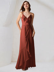 Rust Chiffon A Line Spaghetti Straps Sleeveless Floor Length Bridesmaid Dress