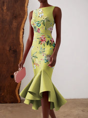 Green Floral Boat Neck Sleeveless Mermaid Midi Dress