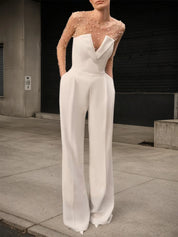 Women White Mesh Imitation Pearls Strapless Wide-Leg Jumpsuit