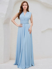 Sky Blue Chiffon A Line V Neck Sleeveless Floor Length Bridesmaid Dress