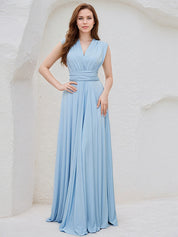 Sky Blue Chiffon A Line V Neck Sleeveless Floor Length Bridesmaid Dress