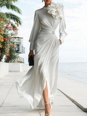 Elegant Floral Embellished Long Sleeve Pleated Chiffon Dress