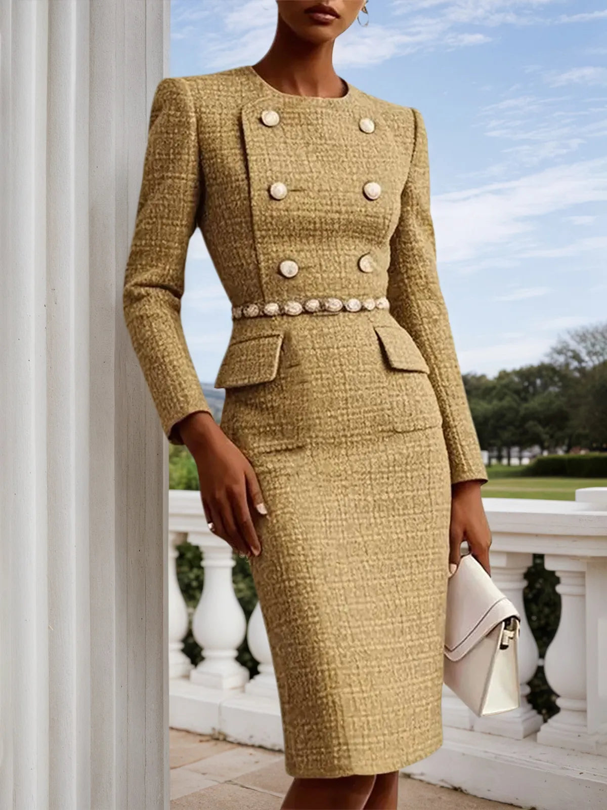 Khaki Buckle Crew Neck Long Sleeve Sheath Midi Tweed Blazer Dress