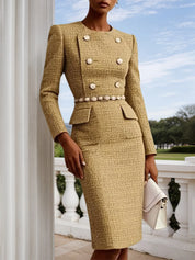 Khaki Buckle Crew Neck Long Sleeve Sheath Midi Tweed Blazer Dress