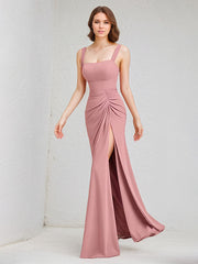 Pink Chiffon Square Neck Sleeveless Floor Length Dress With High Slit