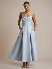 Powder Blue A Line Stretch Crepe Sweetheart Ankle Length Dress