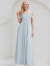 Ice Blue Chiffon A Line Off the Shoulder Sleeveless Floor Length Bridesmaid Dress With Ruffle