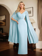 Sheath/Column Chiffon V Neck Long Sleeves Floor Length Dress