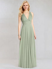 Sage Chiffon A Line V Neck Sleeveless Floor Length Bridesmaid Dress