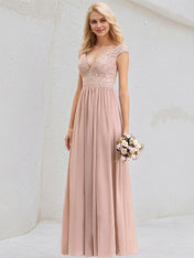 Dusty Rose A-Line V-Neck Floor-Length Lace Chiffon Bridesmaid Dress