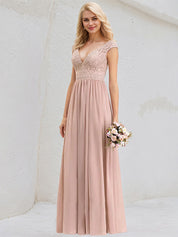 Dusty Rose A-Line V-Neck Floor-Length Lace Chiffon Bridesmaid Dress