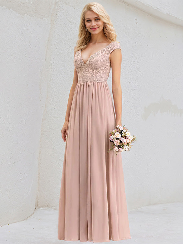 Dusty Rose A-Line V-Neck Floor-Length Lace Chiffon Bridesmaid Dress