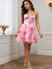 Pink Flower A-Line Strapless Tiered Tulle Sweetheart Homecoming Dress