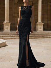 Black Lace Split Joint Classic Boat Neck Sleeveless Mermaid Gown Dress