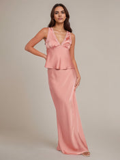 Pink Satin Sheath/Column V Neck Sleeveless Floor Length Bridesmaid Dress