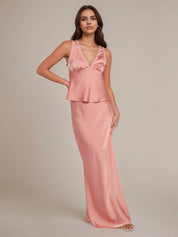 Pink Satin Sheath/Column V Neck Sleeveless Floor Length Bridesmaid Dress