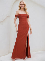 Vermilion Chiffon A Line Off the Shoulder Sleeveless Floor Length Bridesmaid Dress