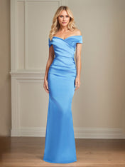 Periwinkle Satin Sheath/Column Off The Shoulder Floor Length Mother of the Bride Dresses