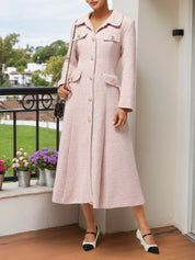 Pink Buckle Tweed Pointed Collar Long Sleeve A-Line Midi Dress