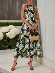 Green Floral Hollow Out Chiffon Halter Neck Sleeveless A-Line Maxi Dress