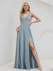 Dusty Blue Chiffon A Line V Neck Sleeveless Floor Length Bridesmaid Dress With Appliques