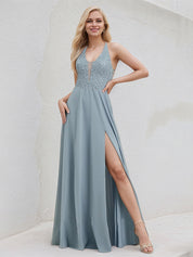 Dusty Blue Chiffon A Line V Neck Sleeveless Floor Length Bridesmaid Dress With Appliques