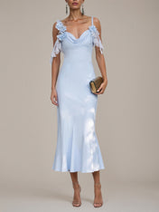 Blue Sheath/Column Satin V Neck Sleeveless Tea Length Dresses With 3D Flowers