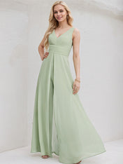 Celadon Chiffon Jumpsuit/Pantsuit V Neck Sleeveless Floor Length Bridesmaid Dress