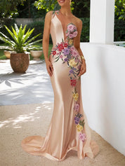 Champagne Applique Embroidery Hotfix Embellished One Shoulder Sleeveless Mermaid Gown Dress
