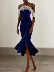 Dark Blue Off The Shoulder Imitation Pearls Mermaid Midi Dress
