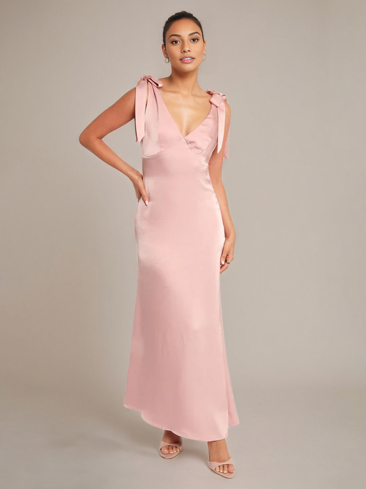 Pink Satin A Line V Neck Sleeveless Floor Length Bridesmaid Dress With Bow