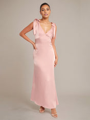 Pink Satin A Line V Neck Sleeveless Floor Length Bridesmaid Dress With Bow