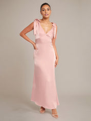 Pink Satin A Line V Neck Sleeveless Floor Length Bridesmaid Dress With Bow