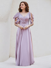 Lilac Satin A Line V Neck Ruffle Short Sleeve Floor Length Bridesmaid Dress