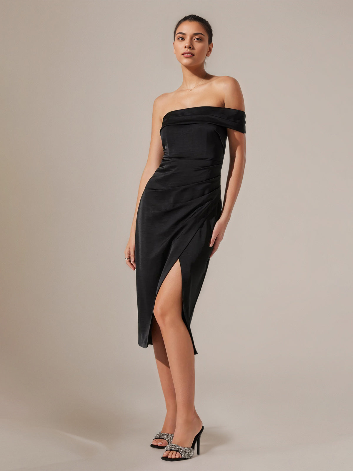 Black Satin Sheath/Column Off The Shoulder Sleeveless Tea Length Dress
