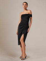 Black Satin Sheath/Column Off The Shoulder Sleeveless Tea Length Dress