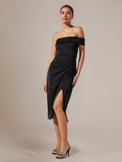 Black Satin Sheath/Column Off The Shoulder Sleeveless Tea Length Dress