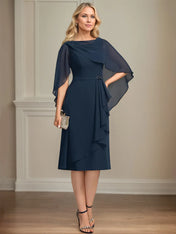 Sheath/Column Scoop Knee-Length Chiffon Mother of the Bride Dress With Cascading Ruffles Beading