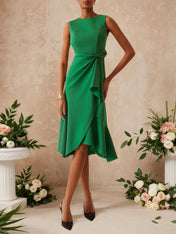 Green Commuting Sleeveless Boat Neck Plain A-line Midi Dress