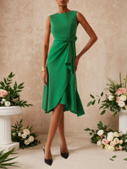 Green Commuting Sleeveless Boat Neck Plain A-line Midi Dress