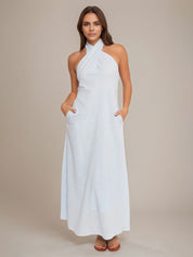 Pale Blue Sheath/Column Halter Neck Sleeveless Ankle Length Bridesmaid Dress