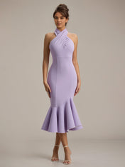 Lilac Chiffon Sheath/Column Halter Neck Sleeveless Tea Length Dress