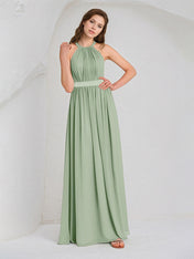 Sage Chiffon A Line Halter Neck Sleeveless Floor Length Bridesmaid Dress