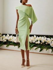 Green One-Shoulder Ruched Sheath Midi Dress