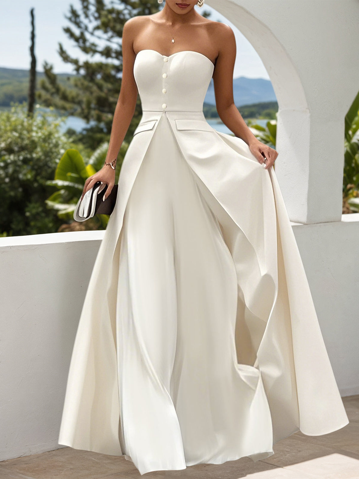 White Buckle Strapless Sleeveless Two-Piece Set