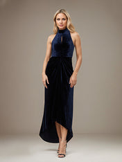 Dark Royal Blue Velvet Halter Neck Sleeveless Asymmetrical Length Dress