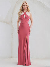 Rose Satin Sheath/Column Halter Neck Sleeveless Floor Length Bridesmaid Dress