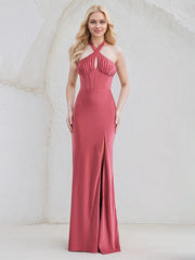 Rose Satin Sheath/Column Halter Neck Sleeveless Floor Length Bridesmaid Dress