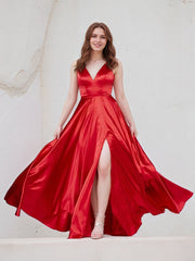 Red Satin A Line V Neck Sleeveless Floor Length Bridesmaid Dress